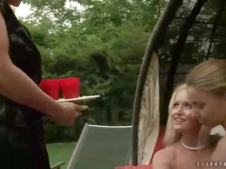 Two girlfriends punishing erotic blonde