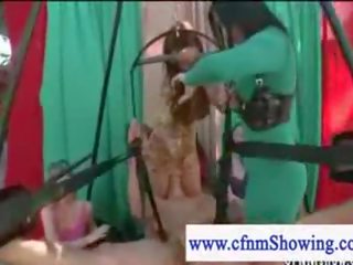 Cfnm girls jerking off lad in a swing while he eats puss